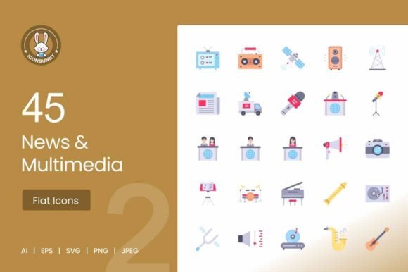 Download News &amp; Multimedia Flat Multicolor Icons - New Collection