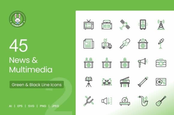 Download News &amp; Multimedia Green &amp; Black Icons - New Collection