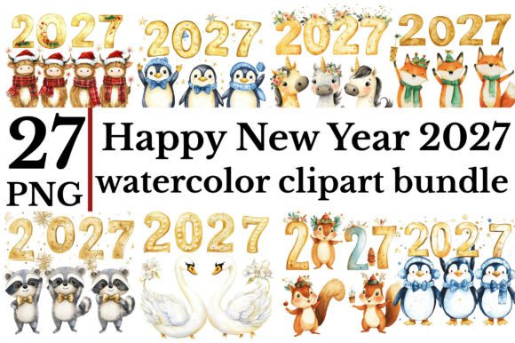 Download Happy New Year 2027 Watercolor Clipart B - New Collection