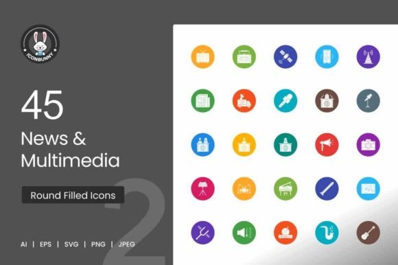 Download News &amp; Multimedia Flat Round Icons - New Collection
