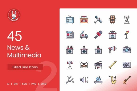 Download News &amp; Multimedia Filled Line Icons - New Collection