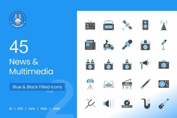 Download News &amp; Multimedia Blue &amp; Black Icons - New Collection